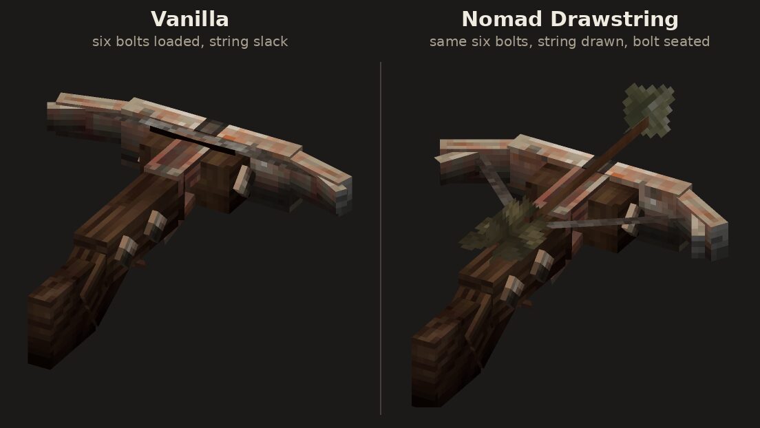 Side-by-side of the ancient steel crossbow: vanilla with slack string on the left, Nomad Drawstring with the string drawn and a bolt seated on the right.
