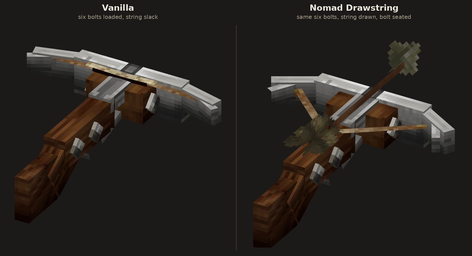 Side-by-side of the iron crossbow: vanilla with slack string on the left, Nomad Drawstring with the string drawn and a bolt seated on the right.