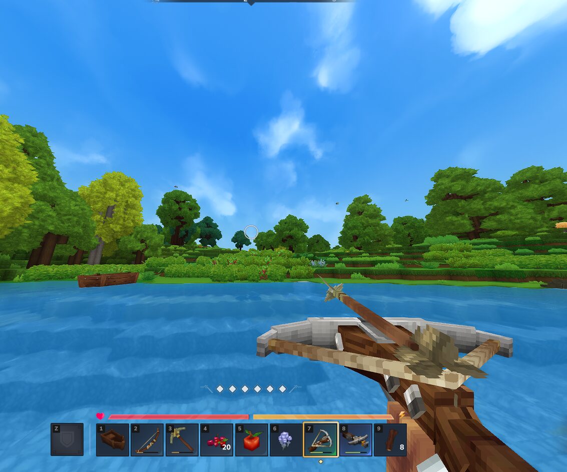 First-person view of a loaded crossbow held over a lake, with a bolt seated on the drawn string.