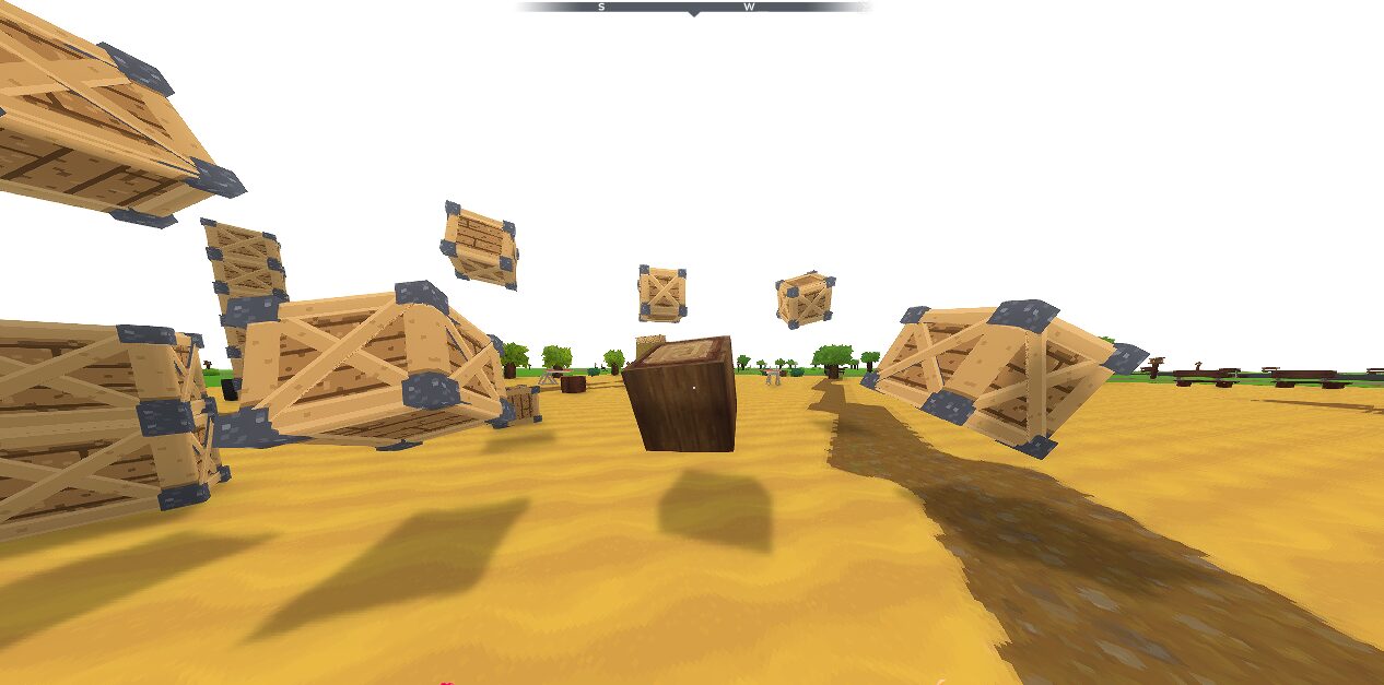 Wooden crates tumbling at different angles in the air above a flat sand plain.